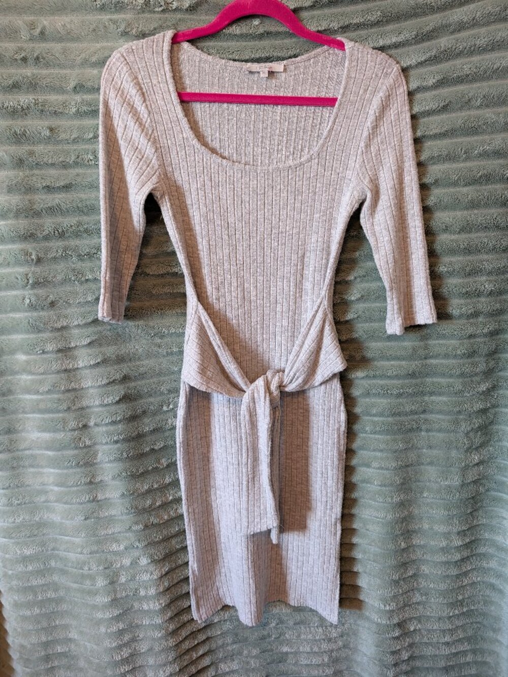 GB Fashion London Grey Ribbed Knit Sweater Dress M 3/4 Sleeve Made In Turkey